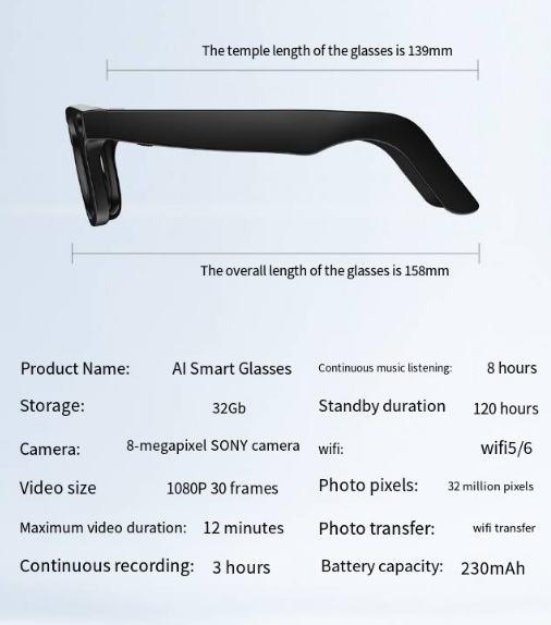 AI Camera Smart Glasses – HD Video, Translation & Object Recognition